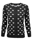 Round Neck Cat Patterned Cardigan Sweater