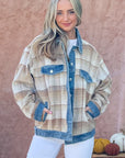 And The Why Full Size Washed Denim Detail Brushed Plaid Jacket