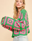 Davi & Dani Full Size Two Tone Flower Square Crochet Open Front Cardigan