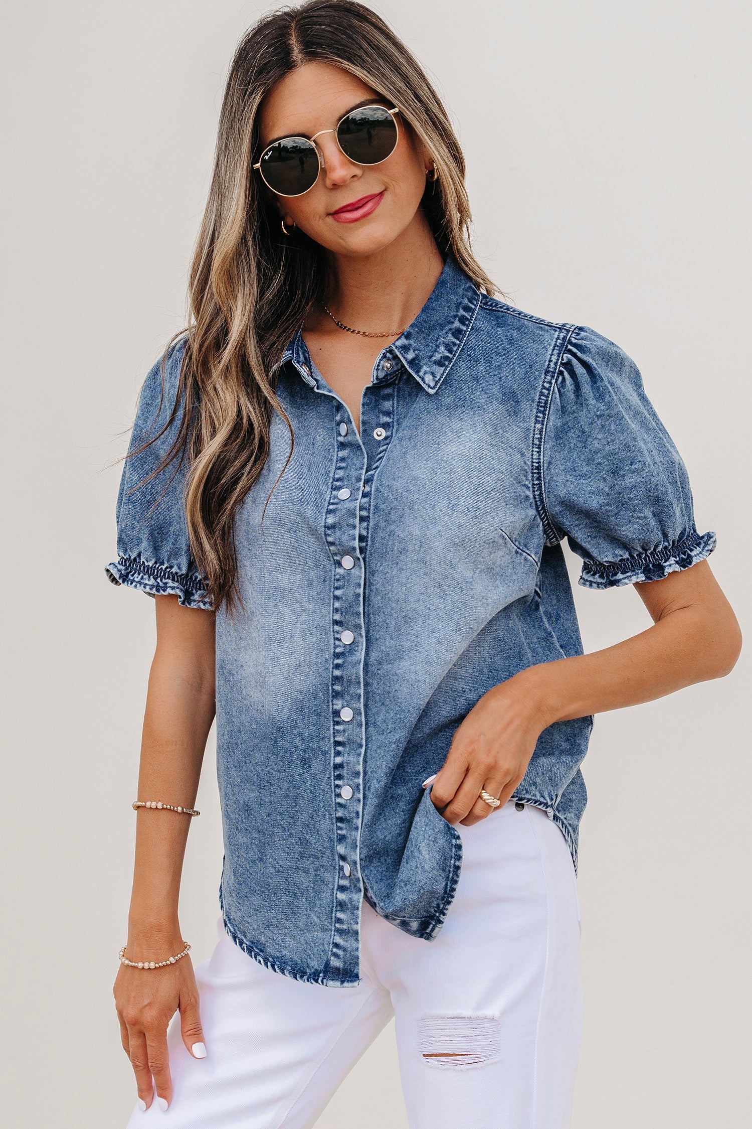 Denim Frilled Short Sleeve Snap Button Shirt