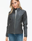 Snobbish Faux Leather Biker Jacket with Side Zip Pockets