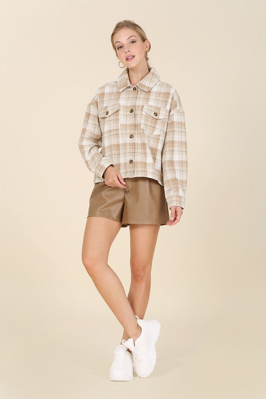 Plaid Cropped Shacket w/ Pockets - Online Only