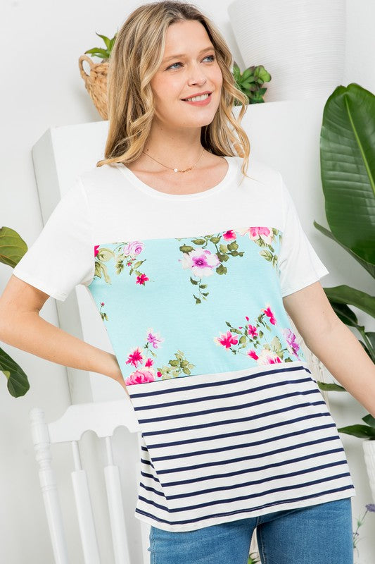 e Luna PLUS Floral Striped Mixed Top