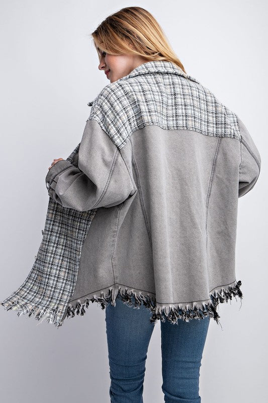 Tweed Mixed Denim Shacket with Fringed Hem