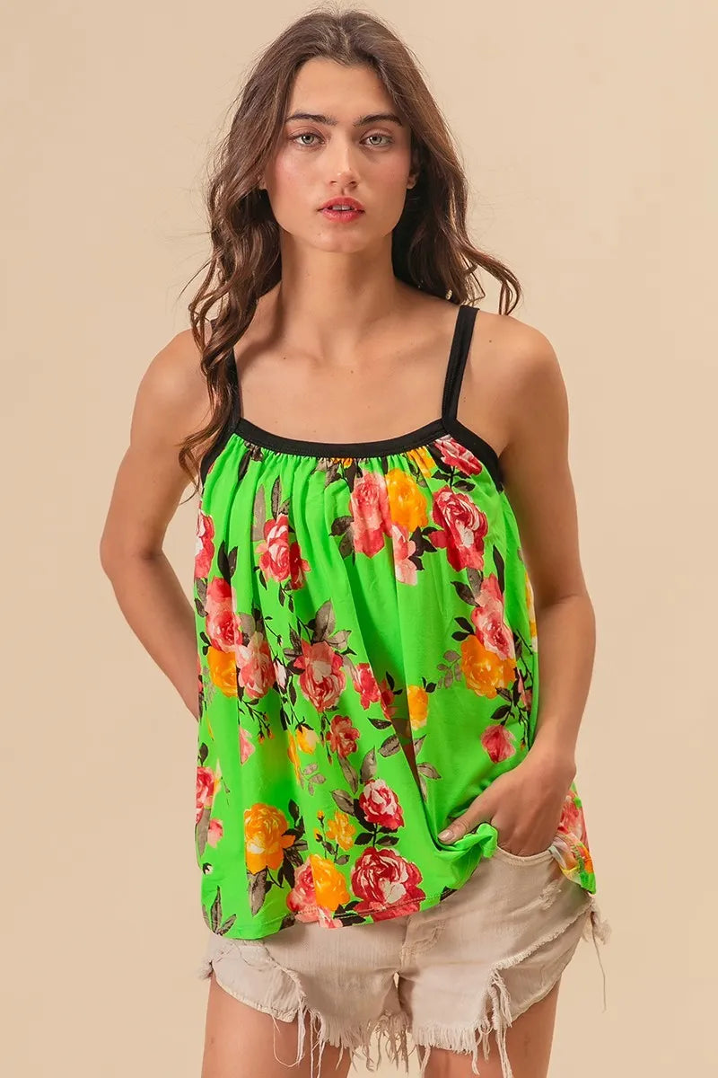 BiBi Floral Print Jersey Knit Gathering Cami Top in Lime