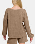 Zenana V-Neck Long Sleeve Ribbed Top and Shorts Set