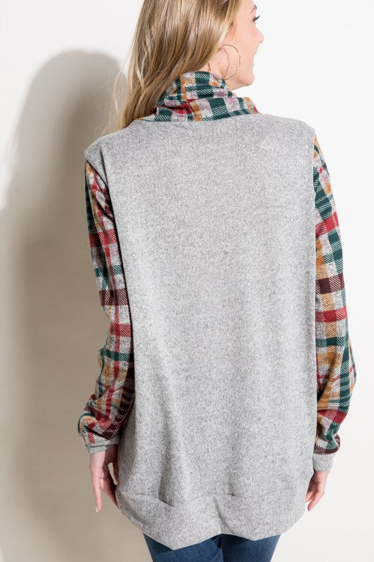 e Luna Plaid Mixed Turtle Neck Sweatshirt