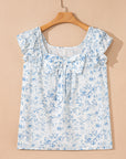 Floral Bow-Back Square Neck Ruffle Sleeve Blouse