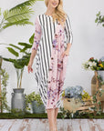 Celeste Full Size Floral Striped Contrast Midi-Dress with Pockets