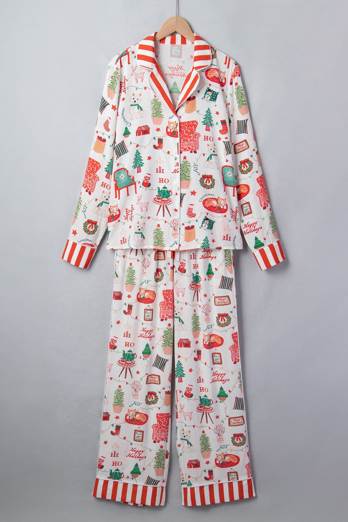 Christmas Morning Stripe-Trim Pajama Set — White