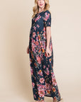 BOMBOM Floral Short Sleeve Maxi Dress