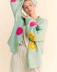 Davi & Dani Fuzzy Smile Open Front Long Sleeve Cardigan