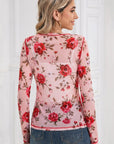 Pink Floral Print Exposed Seam Detail Mesh Long Sleeve Top