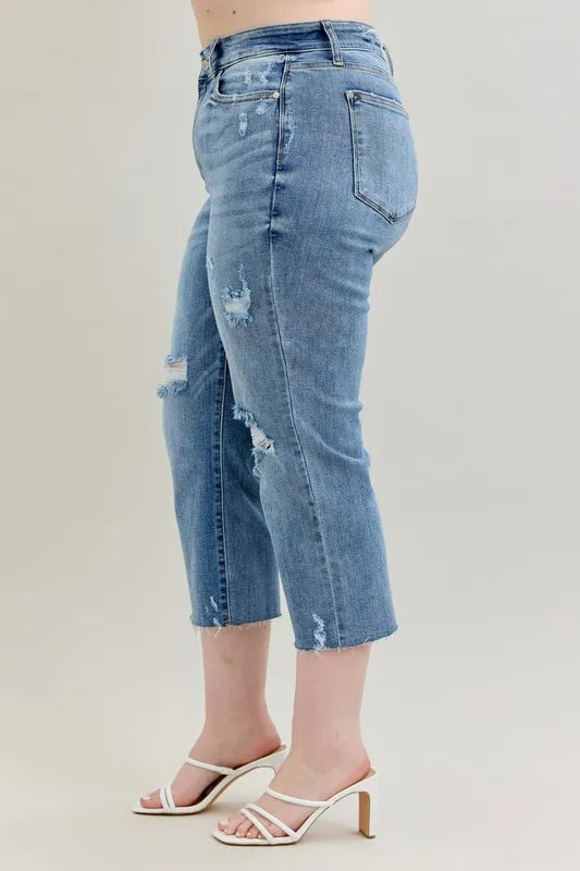 Judy Blue Full Size High Waist Destroy Crop Wide Leg Jeans Plus Size