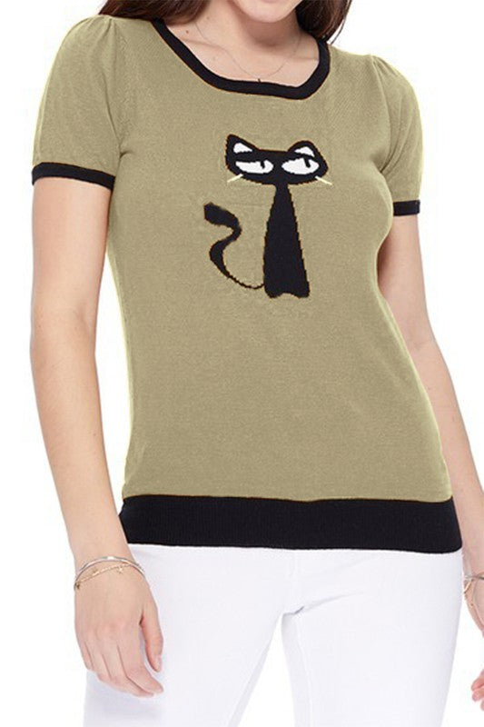 Cat Print Casual T-Shirt Sweater