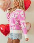 Pink Bow Knot Two Tone Checkered Crew Neck Sweater