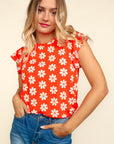 Haptics Round Neck Ruffled Floral Contrast Knit Top