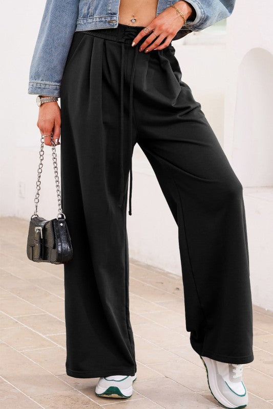 Solid Tied High-Waist Pleated Sweatpants