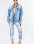 American Bazi Graphic Distressed Long Sleeve Denim Jacket