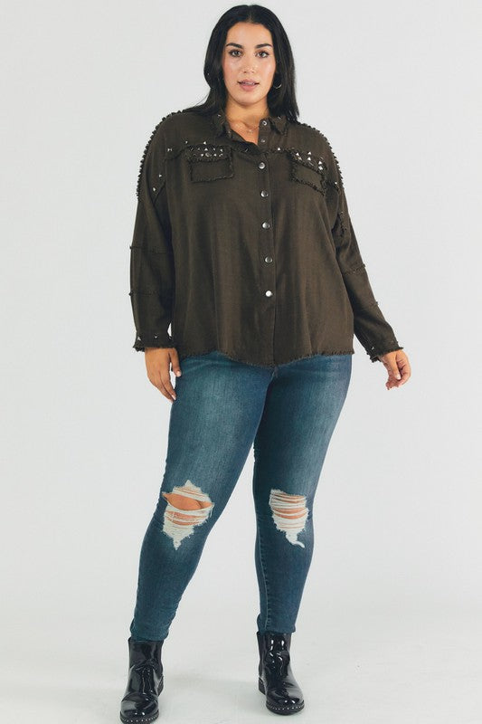 Davi &amp; Dani Plus Distressed Hem Oversize Shirt - Online Only