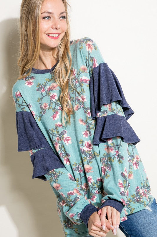 e Luna Floral Mixed Long Sleeve Ruffle Top