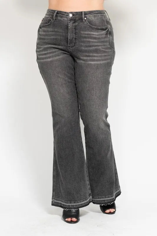 Judy Blue Full Size Midi Rise Tummy Control Washed Gray Release Hem Flare Jeans Plus Size
