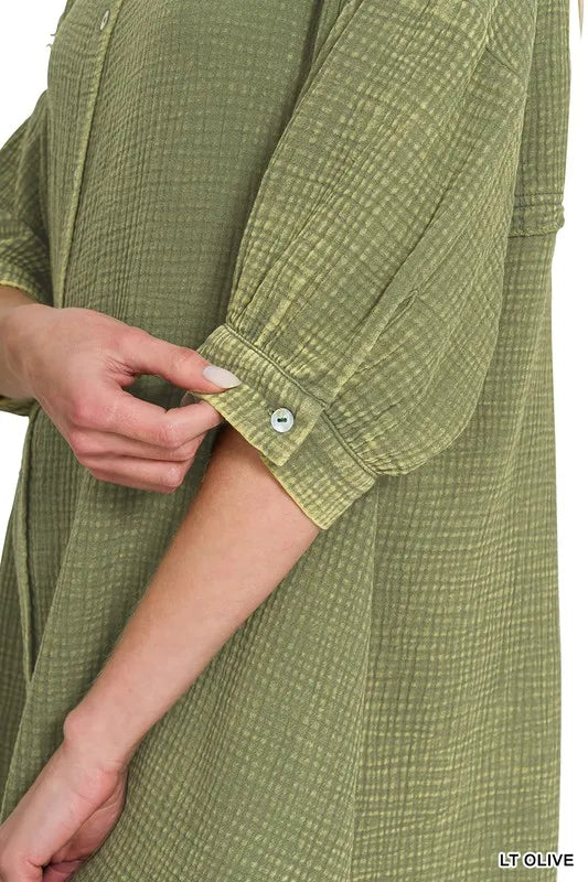 Zenana Washed Double Gauze Button Down Shirt Dress in Olive