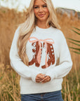 Western Bow Tie Boots Embroidered Drop Shoulder Sweater