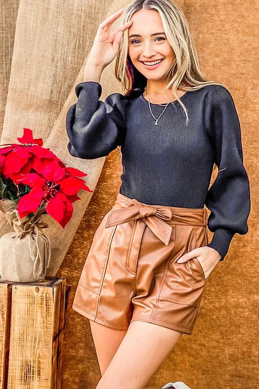 And The Why Faux Leather Shorts with Waist Ribbon in Camel