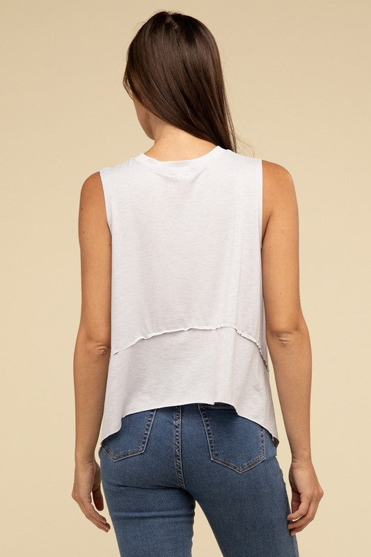 ZENANA Shark Bite Side Slit Short Sleeveless Top