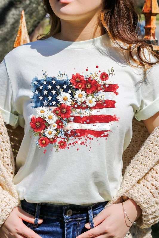 Floral American Flag Graphic Plus Tee