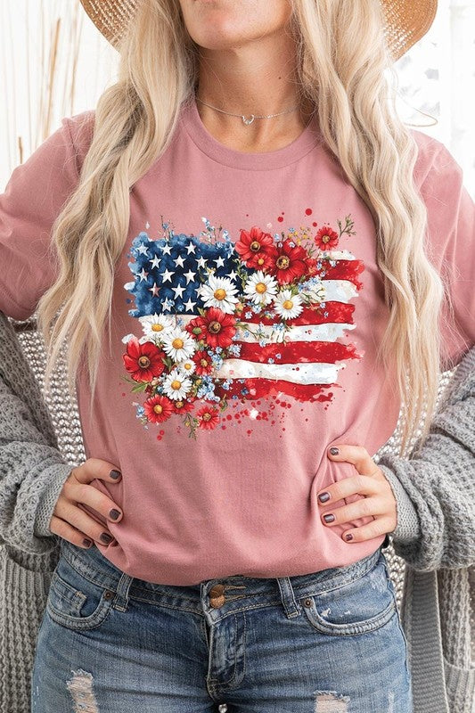 Floral American Flag Graphic Plus Tee