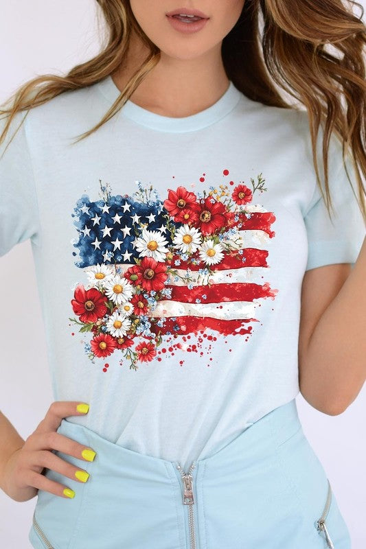 Floral American Flag Graphic Plus Tee