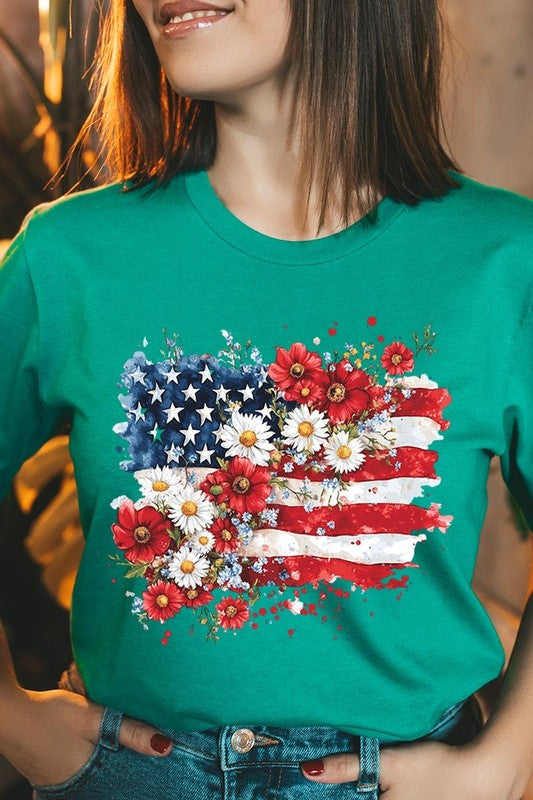 Floral American Flag Graphic Plus Tee