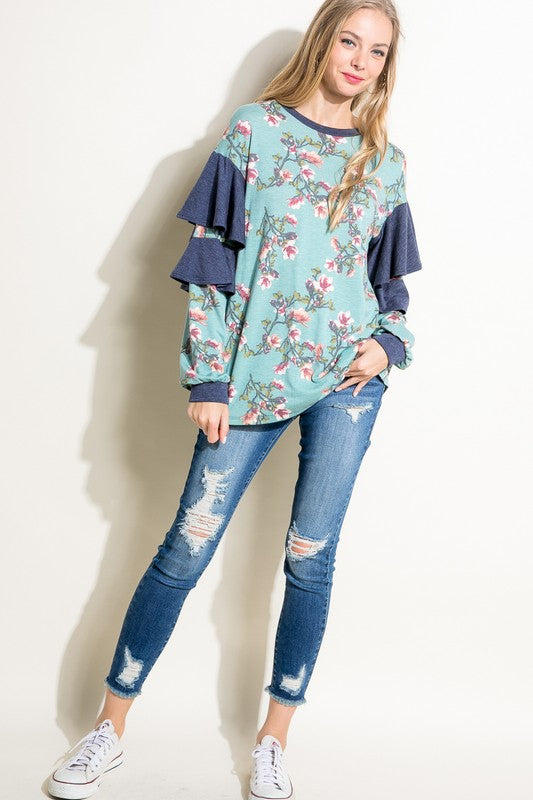 e Luna Floral Mixed Long Sleeve Ruffle Top