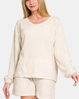 Zenana V-Neck Long Sleeve Ribbed Top and Shorts Set