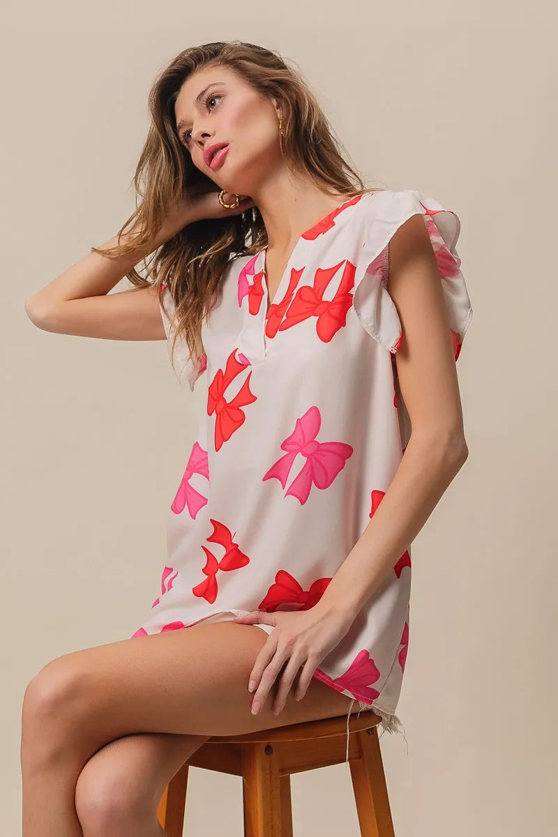 BiBi Bow Printed Woven Ruffled Sleeves V Neck Top