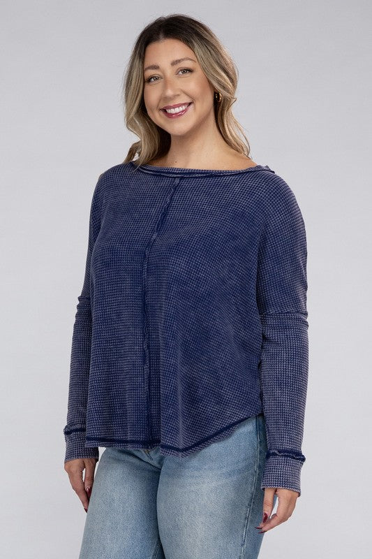 Zenana Plus Washed Baby Waffle Oversized Long Sleeve Top