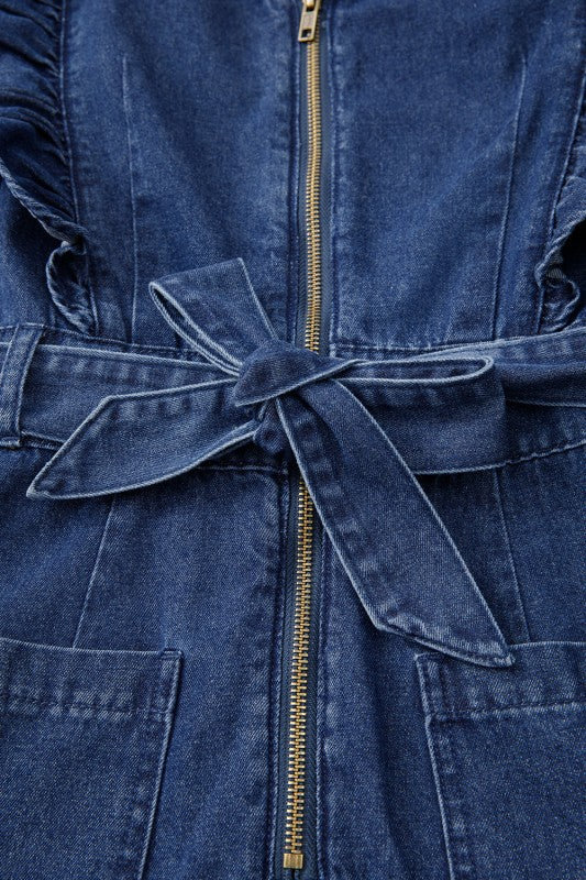 Denim Ruffle Sleeve Zip Front Belted Romper