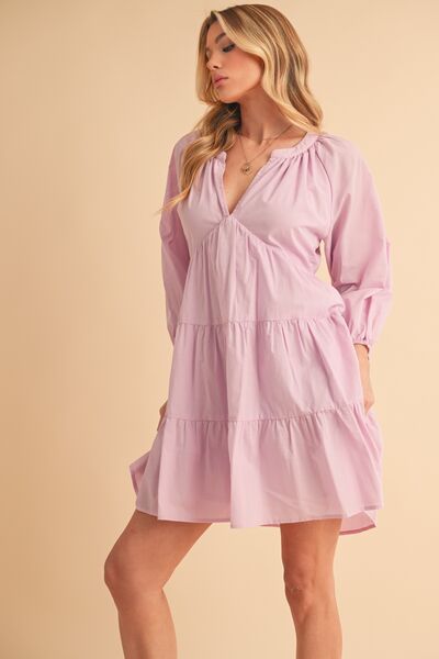 Aemi + Co Notched Balloon Sleeve Tiered Mini Dress