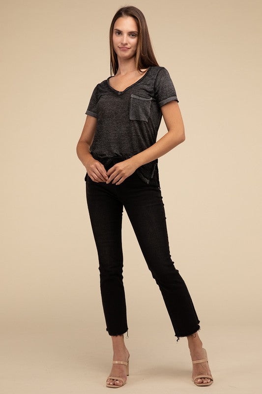 ZENANA Washed Melange Burnout Scoop V-Neck Top