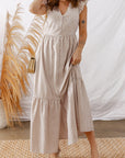 Stripe Flutter Sleeve Buttoned V-Neck Maxi Dress