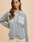 Annie Wear Striped Button Detail Long Sleeve Polo Top