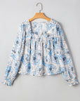 Floral Frilly Smocked Square Neck Long Sleeve Blouse