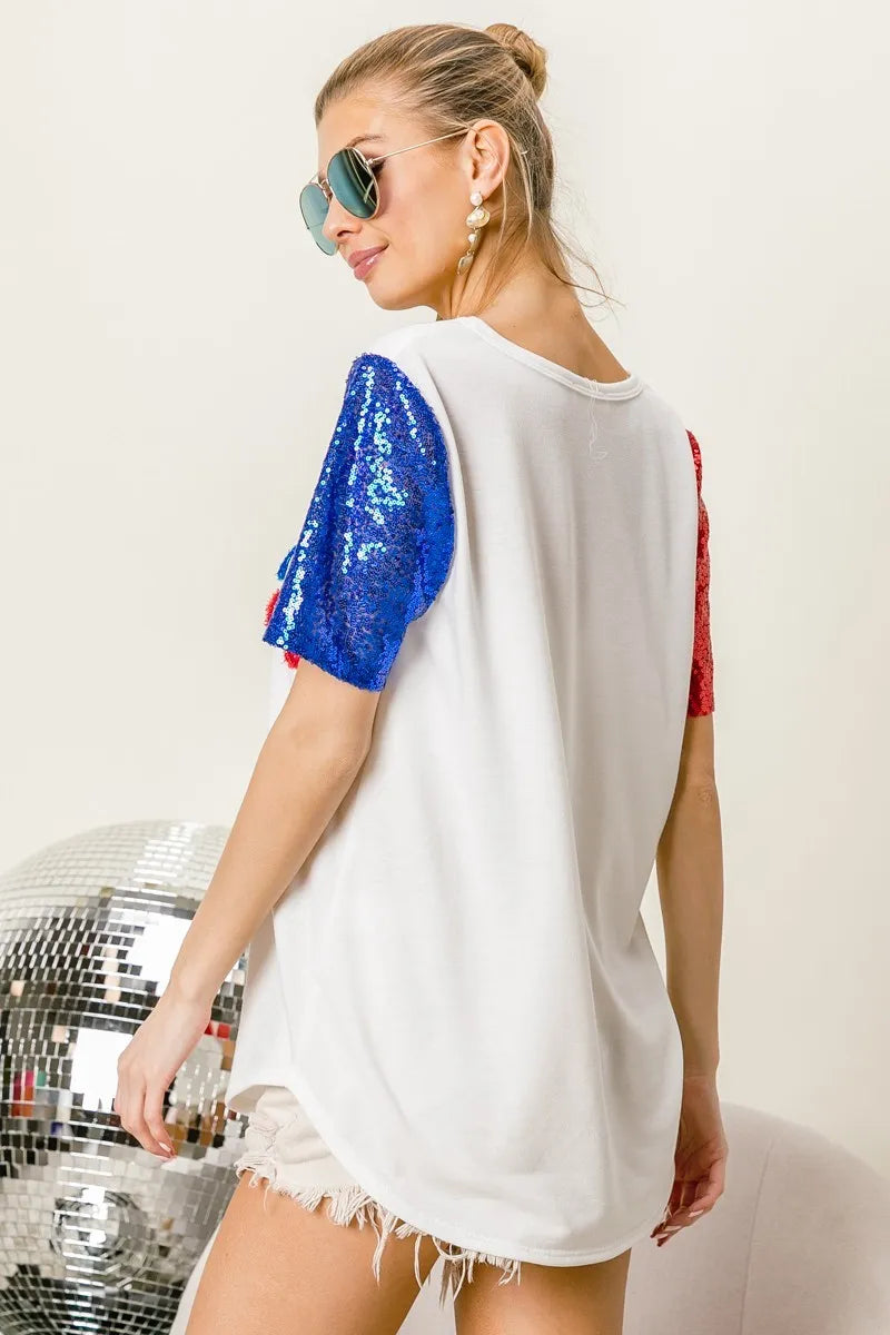 BiBi Metallic Letter V-neck Sequin Sleeves Top in Cream