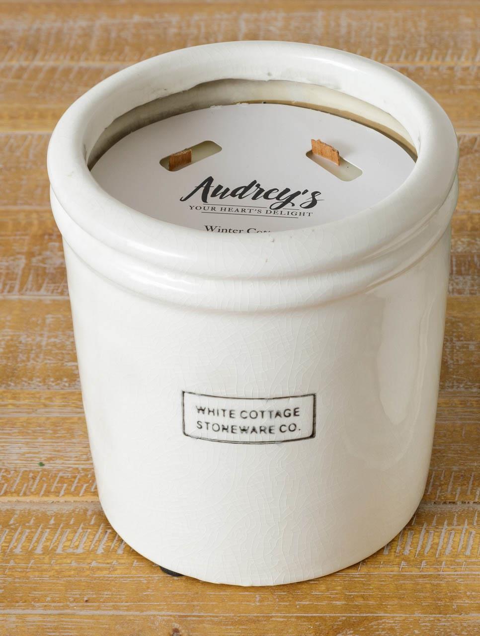 Audrey&#39;s Wood Wick Soy Pottery Crock - Pachulia And Coconut - 48 oz.