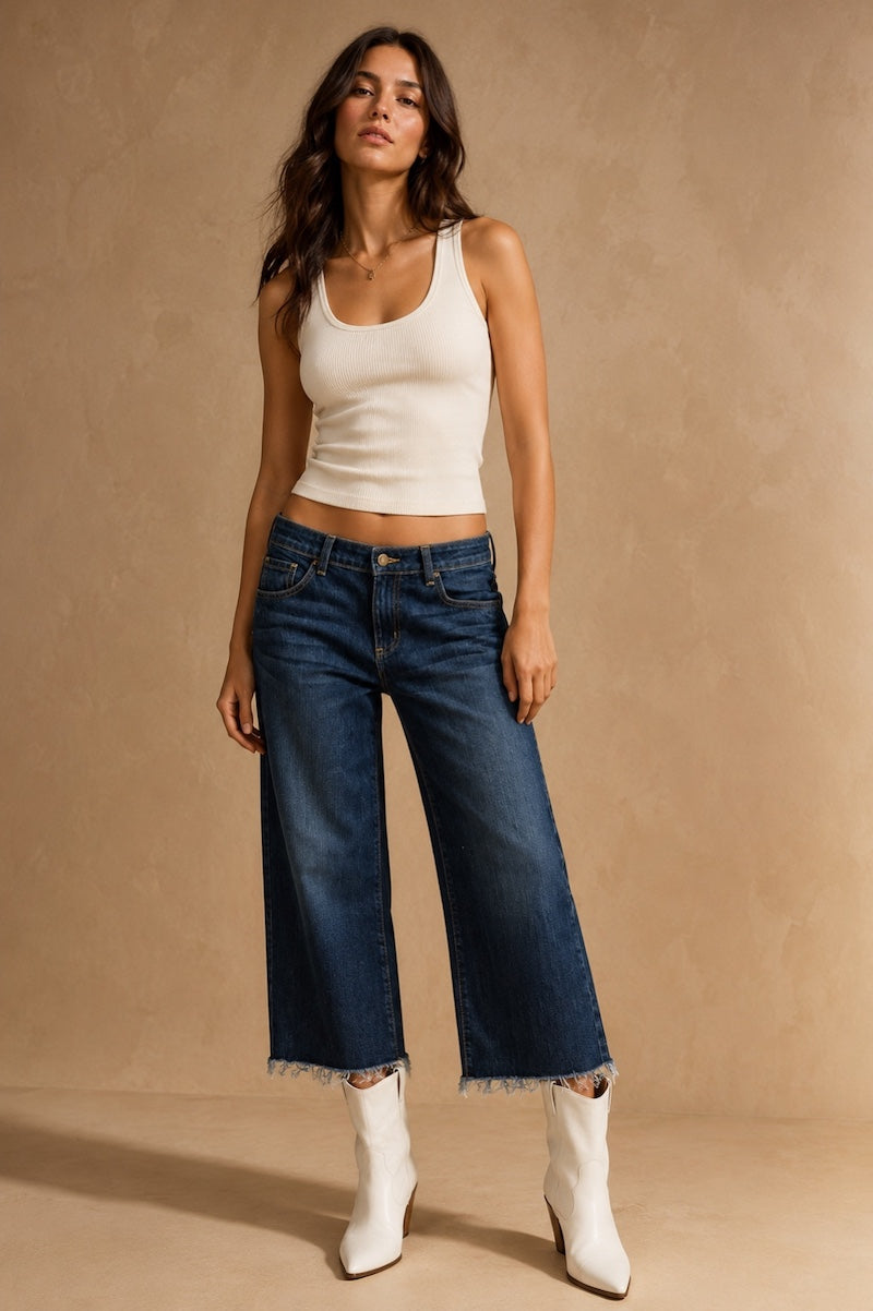 GJG Denim Sunday Low-Rise Wide-Leg Crop Jeans — Monterey Wash