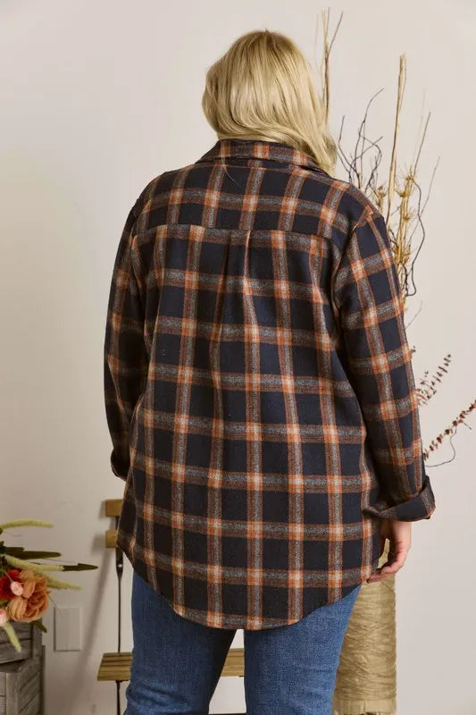 ADORA Full Size Button Down Flannel Shirt Plus Size in Blue