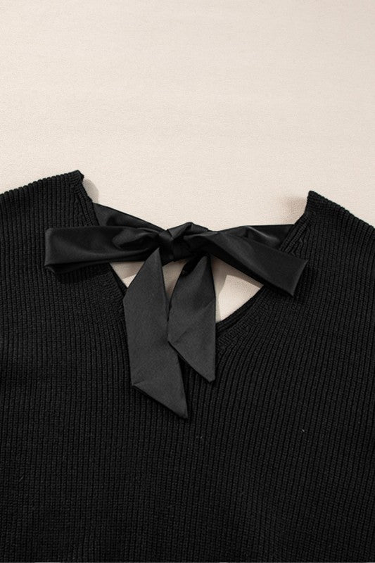 Bow Back Lantern Sleeve V-Neck Sweater