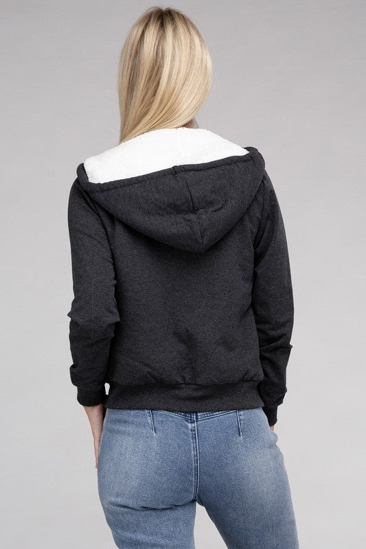 Fuzzy Trim Zip-Up Crop Hoodie